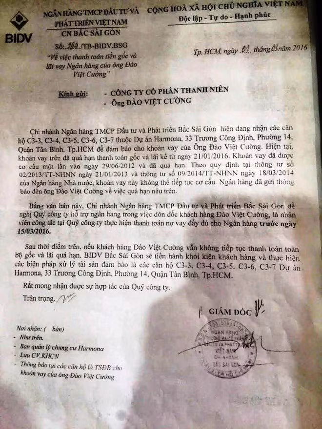 Thông báo nhắc nợ của BIDV Bắc Sài Gòn gửi cho Thanh Nien Corp và ông Đoàn Việt Cường.