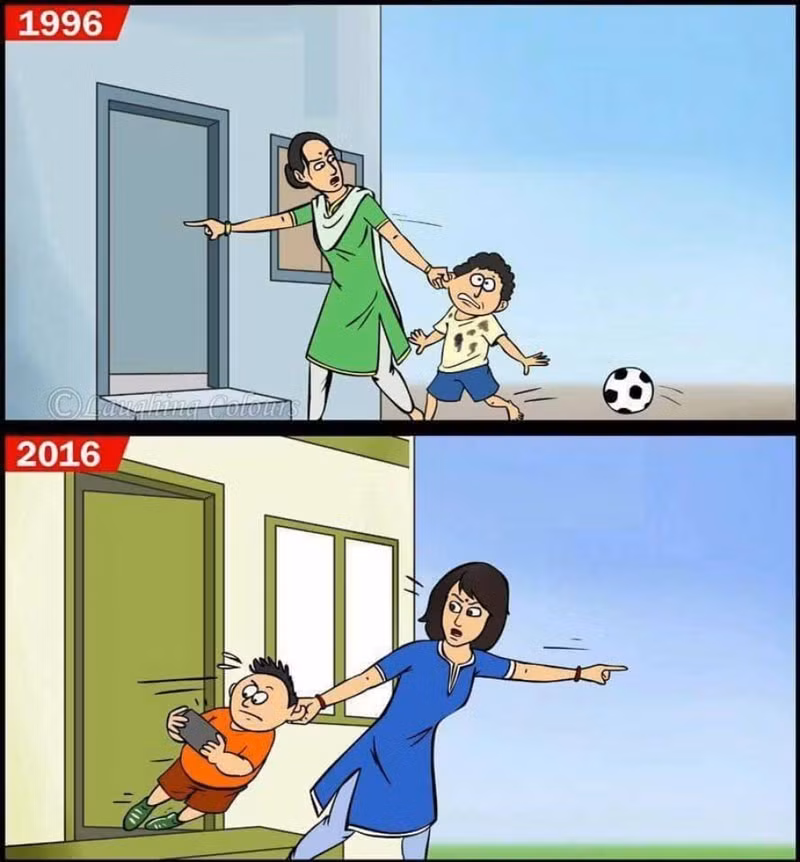 Năm 1996, người mẹ thường phải lôi xềnh xệch cậu con trai quá mải chơi bóng đá về nhà. Song, 10 năm sau, một bậc phụ huynh lại phải cố đẩy đứa con đang dán mắt vào màn hình smartphone trong nhà ra ngoài để tham gia hoạt động ngoài trời.