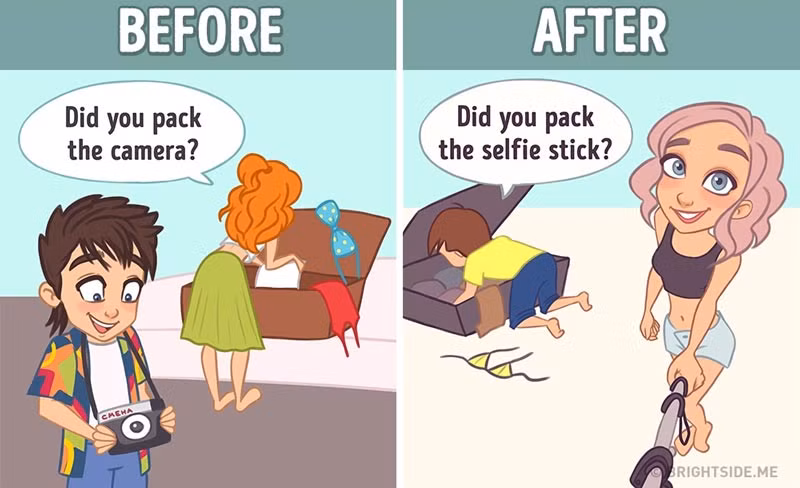 Trong quá trình chuẩn bị đóng gói đồ đạc để đi nghỉ, trước kia, người ta lo sợ bỏ quên máy chụp ảnh (trái). Song hiện nay, mọi người dường như e ngại bỏ quên gậy chụp ảnh "tự sướng" hơn.
