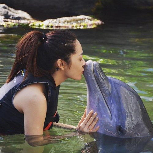Nữ ca sĩ không ngần ngại tặng cho chú cá heo thân thiện một nụ hôn.