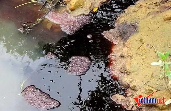 Miệng cống xả thải đưa ra dòng nước đỏ đen sặc mùi hôi, chỉ đứng ít phút là đầu óc choáng váng.