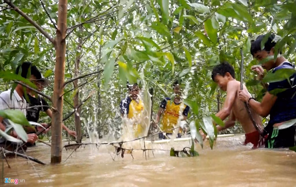 Lúc này, chuột sợ hãi rớt xuống. Nhóm người ở dưới dùng những cây gậy dài khoảng 1 m đập mạnh vào con vật.