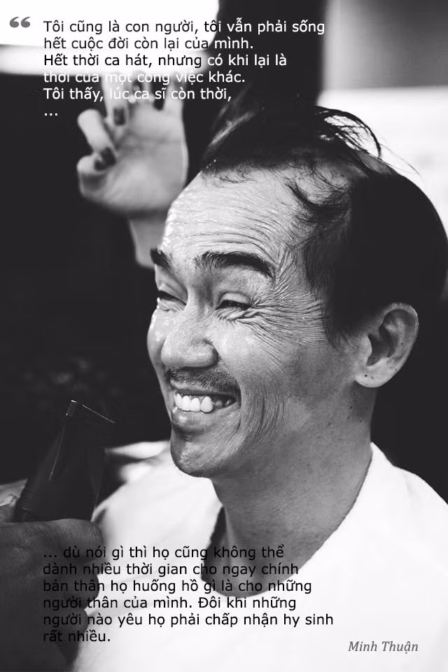 Ngoài đời tư, Minh Thuận có vô số câu nói, tuyên ngôn ấn tượng về nghề nghiệp, môi trường showbiz và tâm tư dành cho thế hệ ca sĩ kế cận. “Thị phi luôn ném vào nghệ sĩ” là một câu ngắn gọn nhưng hình dung đắt, nếu miêu tả về những gì mà nghệ sĩ thường phải gánh chịu.