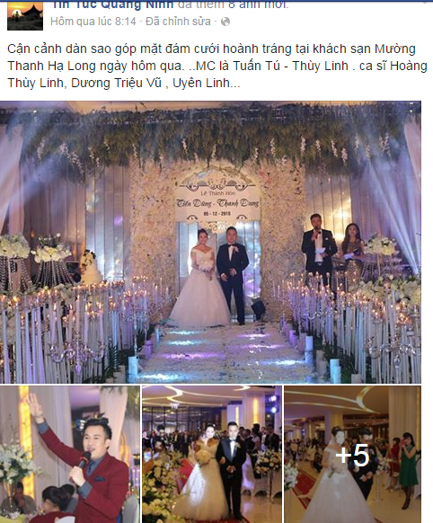 Theo nguồn tin tìm hiểu được, được biết đây là đám cưới của con trai đại gia sở hữu tập đoàn trong lĩnh vực xuất nhập khẩu than khá nổi tiếng tại Quảng Ninh. Nhiều người vẫn chưa hết bất ngờ thì mới đây, trên page Tin tức Quảng Ninh tiếp tục đăng tải một số hình ảnh về đám cưới xa hoa này có sự góp mặt của các ca sĩ, MC nổi tiếng của Việt Nam.