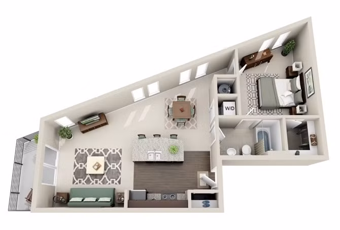 Nhỏ hẹp nhưng vẫn rất tiện nghi và đẹp mắt, căn hộ có hình dáng khá đặc biệt này đã được bày trí rất thông minh để mang đến không gian sinh hoạt lý tưởng cho đôi vợ chồng trẻ.