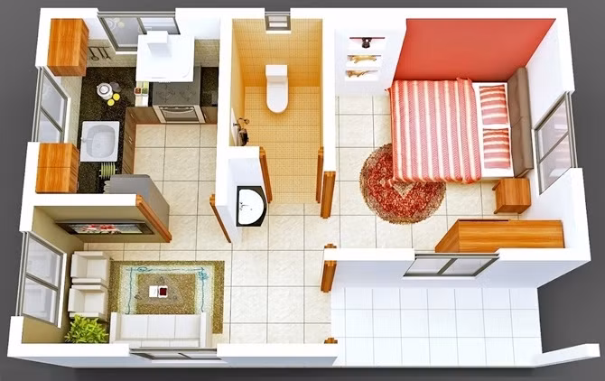 Căn hộ xinh xắn và ấm cúng được thiết kế rất gọn gàng. Phòng ngủ được trang trí bằng tông màu nóng rực rỡ, giúp không gian trở nên sống động hơn.