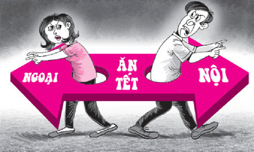 Nhiều gia đình cãi vã nhau chỉ vì không biết về bên nội hay bên ngoại ăn Tết. (Tranh minh họa).