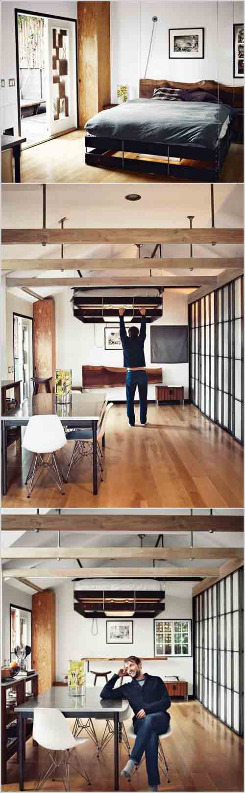 Thiết kế giường treo dao động. Chiếc giường có thể nâng lên hạ xuống này sẽ giúp bạn tận dụng được vô số không gian cho ngôi nhà.