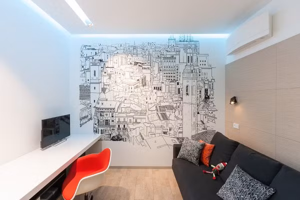 Không gian phòng khách có nhiều điểm nhấn, đồ họa hay thay đổi, giá đỡ trắng kiểu dáng đẹp…