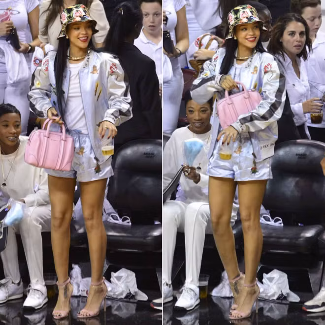 7. Áo khoác bóng chày: Rihanna nổi bật với áo khoác bóng chày ánh kim bắt mắt. Khi mix đồ với kiểu áo khoác thu hút này, bạn nên phối cùng áo trơn màu, đơn giản bên trong.