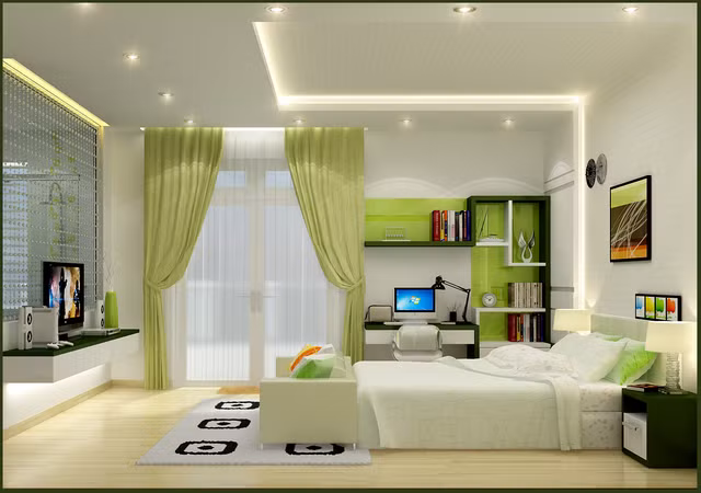 Phòng ngủ của hai vợ chồng đơn giản nhưng đầy đủ tiện nghi.