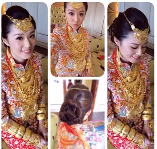 Tháng 10/2012, cô Lưu người Tuyền Châu, tỉnh Phúc Kiến, đã dậy từ rất sớm để trang điểm. Sau khi mặc váy cưới xong, cô được mẹ đeo lên người rất nhiều trang sức bằng vàng.