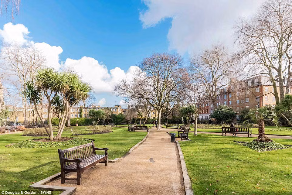 Cửa sổ ngôi nhà nhìn ra một công viên tuyệt đẹp.