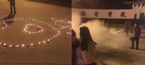 Tiếp đó, trước cổng Học viện Công nghiệp Tây An, một nam sinh giăng biểu ngữ lãng mạn, chuẩn bị nến hình trái tim để tỏ tình bất ngờ, không may cô gái chưa đến thì trái tim nến đã bị người gác cổng xịt bọt cứu hoả tắt ngấm.