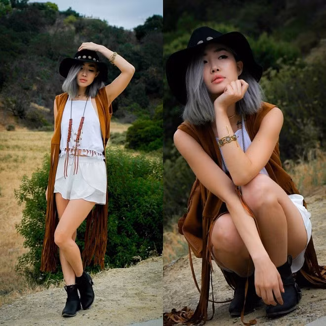 Các hot blogger gốc Á cũng chứng tỏ đẳng cấp thời trang sành sỏi với da lộn. Ruby Park, tín đồ sành điệu đang sống tại Mỹ khoe vẻ sexy khi mix jumpsuit mùa hè với áo khoác tua rua da lộn ngày thu…