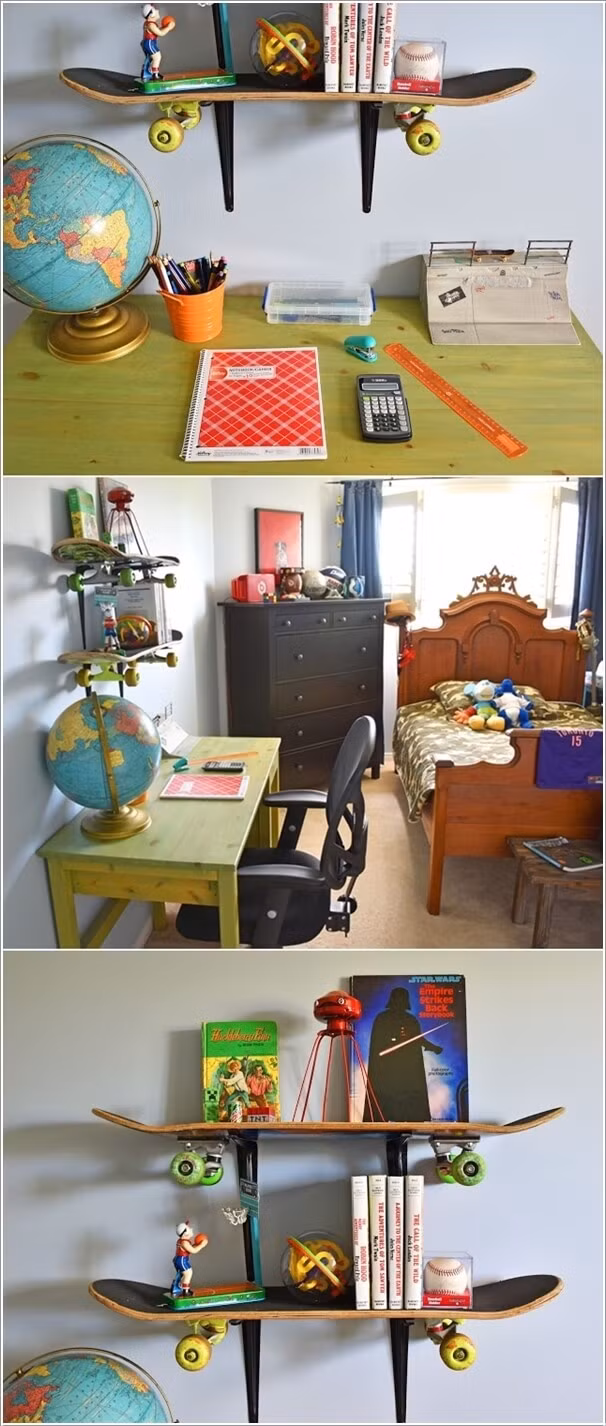  Kệ sách từ ván trượt: Với những bức tường có diện tích vừa phải, tấm ván trượt được gắn trên tường giúp giải quyết một phần đồ đạc, vật dụng và đủ để tạo điểm nhấn đặc biệt cho góc nhỏ.