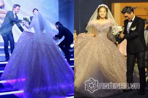 Cũng gặp sự cố tương tự như Lê Khánh, diễn viên Khánh Hiền cũng nhiều lần suýt ngã vì váy phồng to, dài quét đất. Trong khi cô dâu tự tin tỏa dáng thì chú rể phải rất vất vả để tránh dẫm vào chân váy. Bức ảnh này khá đúng với câu nói: "Em chỉ việc cười tươi và nhìn thẳng còn cả thế giới cứ để anh lo!".