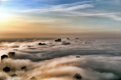 Đỉnh các tòa nhà chọc trời ở thành phố Chicago nhấp nhô trên màn sương sớm gần hồ Michigan.