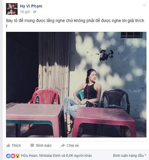 Hạ Vi đã bất ngờ đăng tải trên trang cá nhân dòng tâm trạng buồn bã kèm hình ảnh ngồi một mình cô đơn.