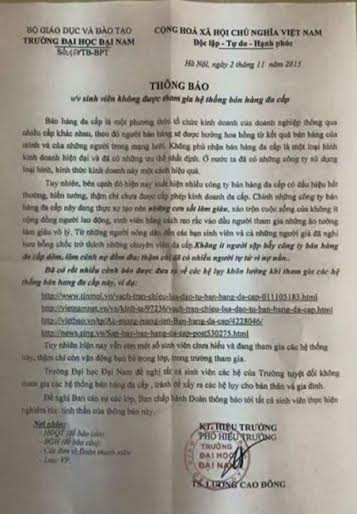 Thông báo của Đại học Đại Nam cảnh báo sinh viên không tham gia bán hàng đa cấp.