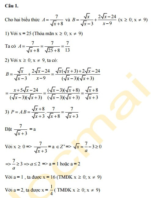 Lời giải môn Toán thi vào lớp 10 tại Hà Nội - Câu 1.