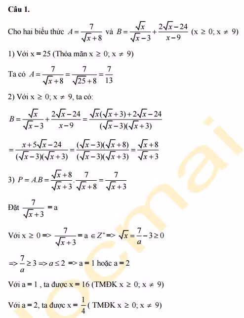 Lời giải môn Toán thi vào lớp 10 tại Hà Nội - Câu 1.