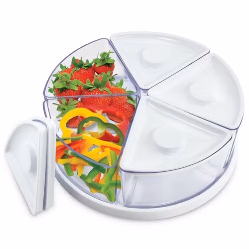 Hay sử dụng một chiếc khay tròn với nhiều ô đựng để bảo quản những loại trái cây và rau củ.