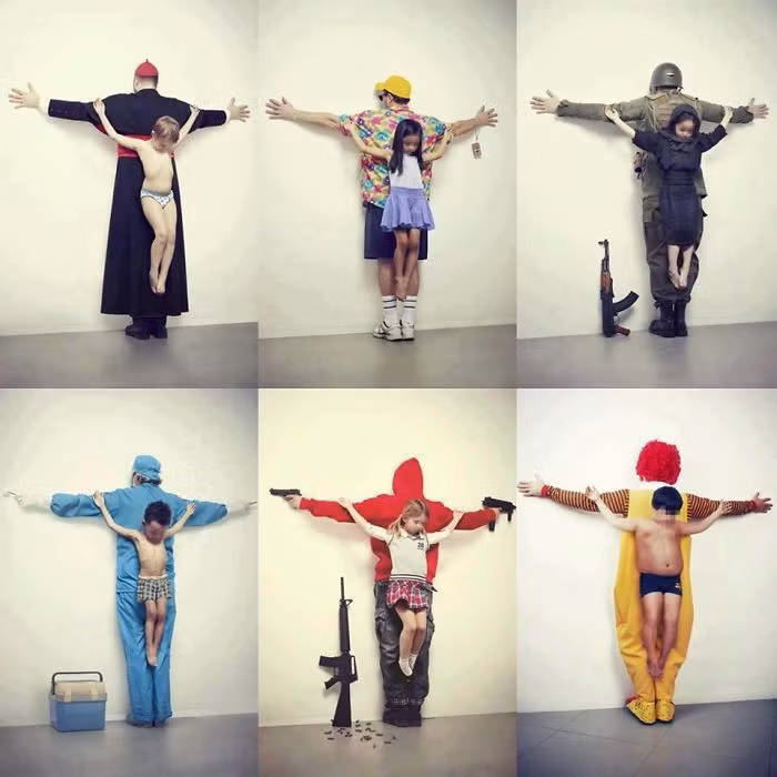 Trong các bức hình này (từ trên xuống dưới, trái qua phải) lần lượt nói về những vấn nạn đang làm tổn hại nghiêm trọng tới trẻ thơ, cả về thể chất lẫn tinh thần. Các vấn nạn gồm ấu dâm, du lịch sex, chiến tranh, buôn bán nội tạng, xả súng hàng loạt vào trường học và béo phì.