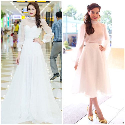 4. Kỳ Duyên Chiếc váy trắng nữ tính và điệu đà mà hoa hậu Kỳ Duyên mặc khi cô đến xem buổi triển lãm bị cho là giống hệt trang phục Hà Hồ từng mặc 3 năm trước. Mặc dù mối quan hệ của Kỳ Duyên và Hà Hồ hoàn toàn bình yên, song pha đụng váy này cũng ít nhiều gây ồn ào dư luận.
