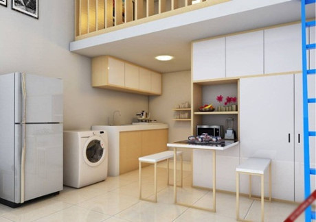 Tủ quần áo được thiết kế âm tường kết hợp với tủ trang trí và bàn ăn, phần mặt bàn ăn có thể nâng lên cho gọn hoặc kéo ra sử dụng khi gia đình ăn cơm.