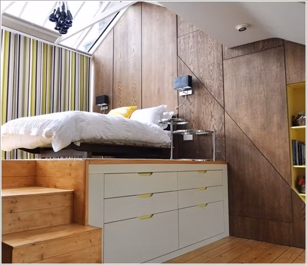  Nâng cao nội thất: Không gian nghỉ ngơi có trần cao cũng sẽ đẹp hơn, hữu ích hơn cho người sử dụng khi bạn lắp đặt nội thất cao hơn so với bình thường. Phía dưới có thể được lắp đặt hệ thống ngăn kéo, giúp cho căn phòng thêm gọn gàng, ngay ngắn.