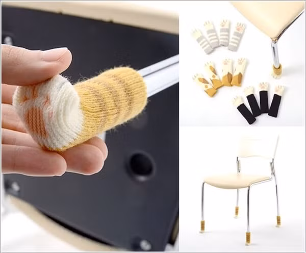 Tận dụng bao tay, tất cũ Bao tay hay tất cũ cũng có thể sử dụng để bọc chân bàn ghế. Hãy chọn lựa những gam màu xinh xắn và hợp tông để góc nhỏ đặt bàn ghế luôn trở nên dịu dàng và ấn tượng.