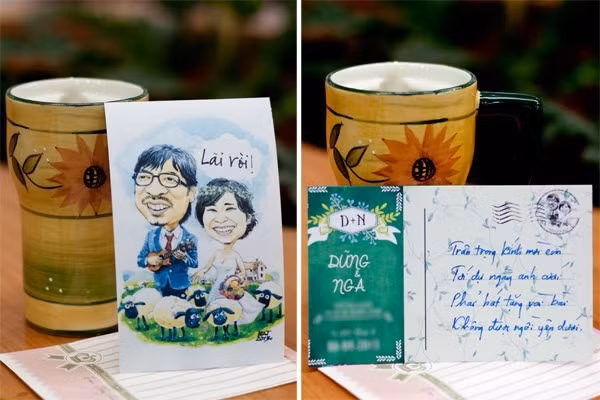 Giáo sư Xoay Đinh Tiến Dũng lại lựa chọn thiệp cưới giống bức ảnh biếm họa đi kèm lời mời được viết tay.