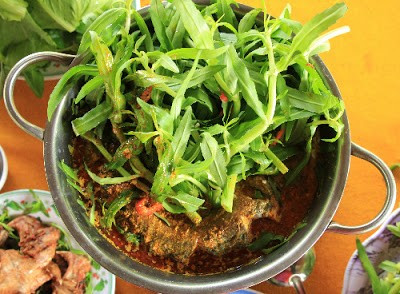 Du khách có thể gọi lươn nấu rau ngổ hoặc um lá nhàu tại canteen rừng U Minh Hạ với giá 160.000 một nồi.