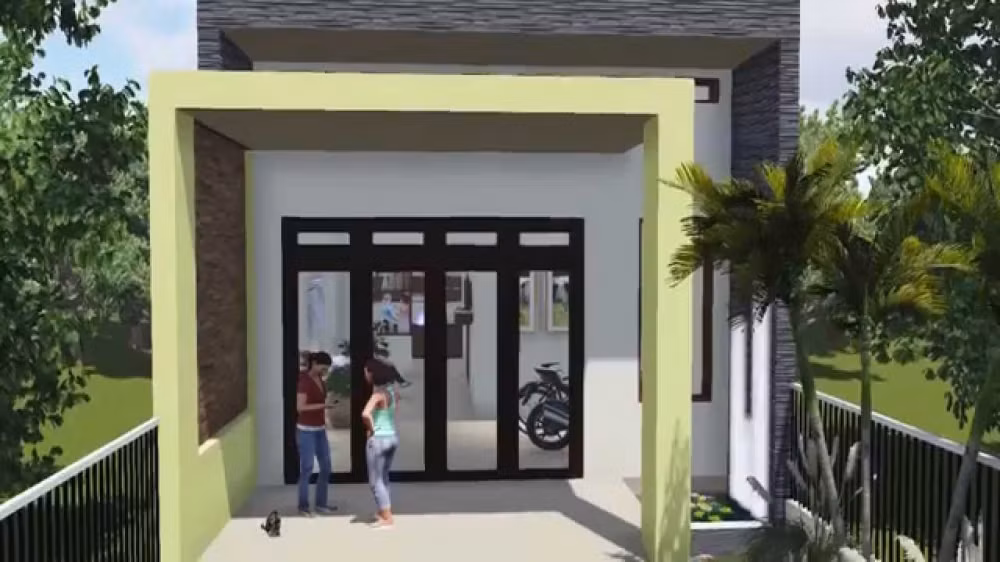 Góc nhìn từ nhà bên các bạn có thể thấy được phần sân vườn cùng mặt bên nhà cấp 4 mái thái. Phần mái của nhà cấp 4 được thiết kế khá cầu kì và phức tạp.