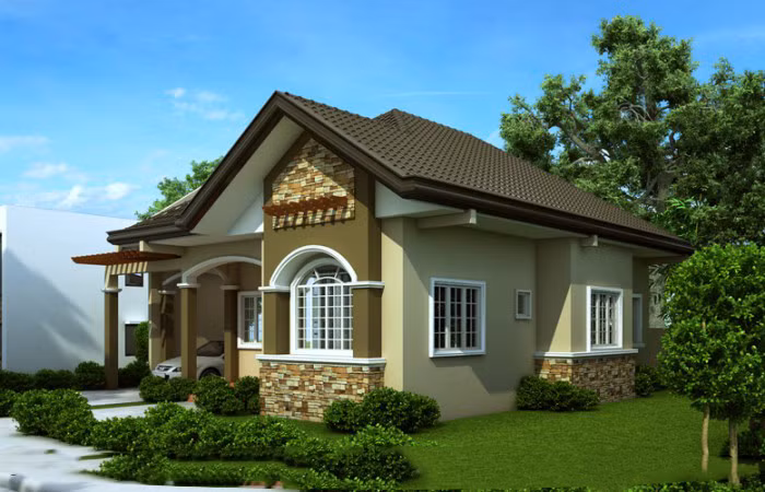 Góc nhìn từ nhà bên các bạn có thể thấy được phần sân vườn cùng mặt bên nhà cấp 4 mái thái. Phần mái của nhà cấp 4 được thiết kế khá cầu kì và phức tạp.