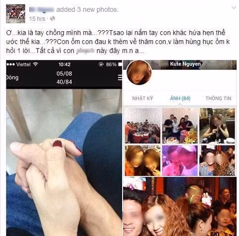 Bị tình địch dọa lại Ngày 27/10/2016, chủ facebook mang tên B.N cũng tung ảnh chồng và nhân tình đang “hú hí” với nhau lên facebook. Sau khi tung hàng chục bức hình tình tứ của chồng và bồ lên, N. kể chồng cô đã qua lại với ả người tình từ lâu. Khi cô phát hiện ra thì ả người tình còn gọi điện dọa đánh, bảo có chồng không biết giữ được để ả giữ hộ.