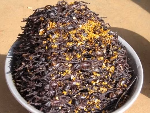 Nhện chiên là món ăn đường phố phổ biến ở Campuchia. Nhện được ném chết rồi trộn hỗn hợp đường, muối, bột ngọt, sau đó cho vào chiên giòn với tỏi.