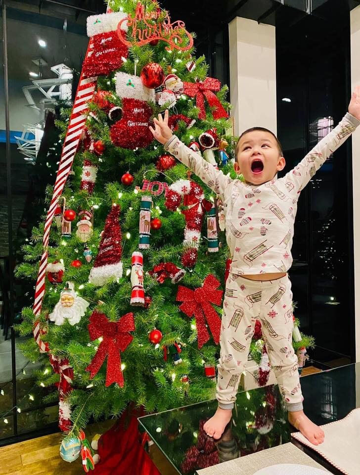 Bà xã Thủy Tiên chọn 3 màu tông: vàng, trắng, đỏ để trang trí những cây thông.