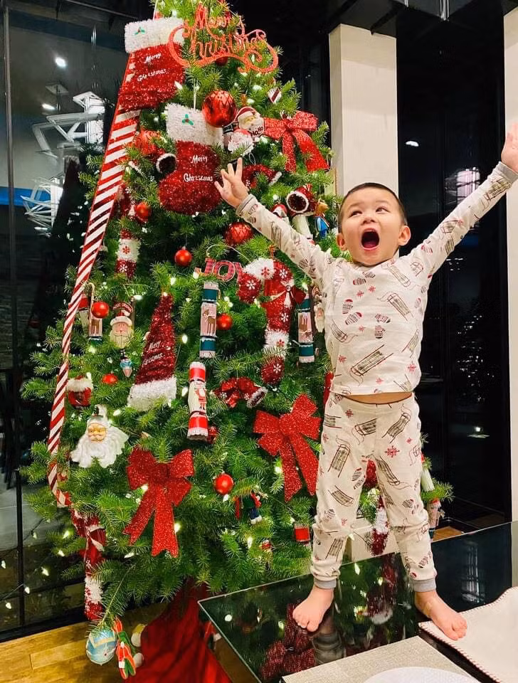 Bà xã Thủy Tiên chọn 3 màu tông: vàng, trắng, đỏ để trang trí những cây thông.