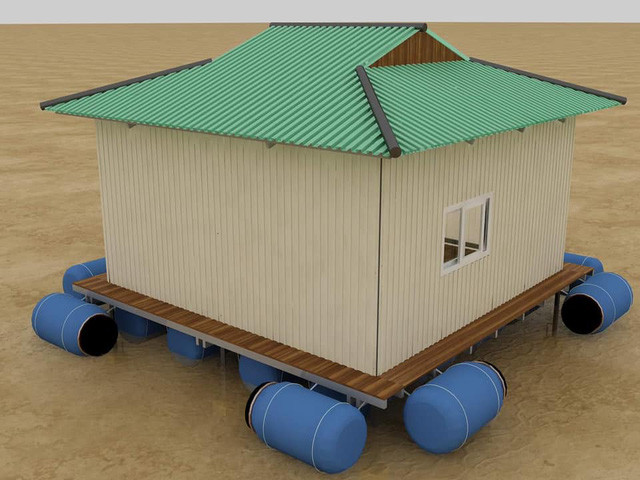 Nhà phao gắn liền nhà xây là một gian nhà phao trên gác ngôi nhà xây. Gian nhà này có cơ cấu nổi vượt trên mức nước ngập với mức nổi tối đa trên 10m so với sàn tầng trệt. Ảnh minh họa.