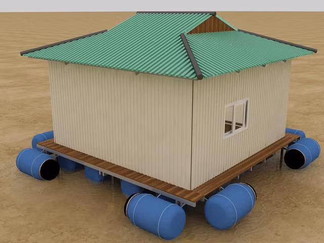 Nhà phao gắn liền nhà xây là một gian nhà phao trên gác ngôi nhà xây. Gian nhà này có cơ cấu nổi vượt trên mức nước ngập với mức nổi tối đa trên 10m so với sàn tầng trệt. Ảnh minh họa.