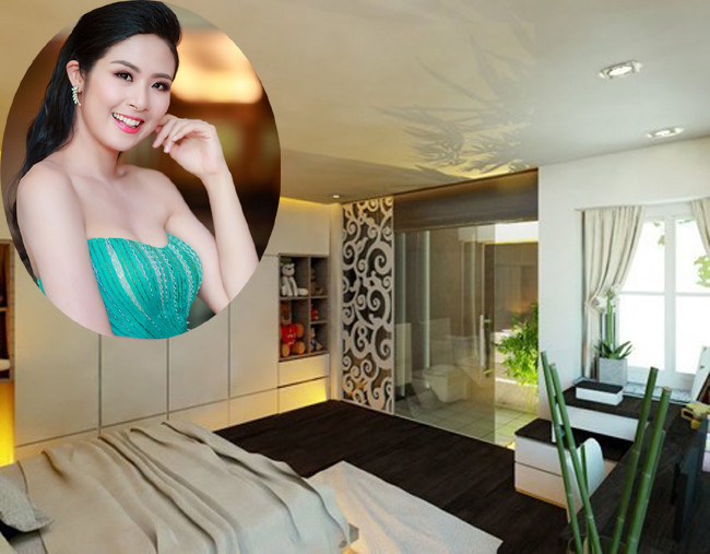 Hoa hậu Ngọc Hân chọn phòng ngủ thiết kế nhẹ nhàng với tông màu trầm ấm. Ảnh: FBNV.