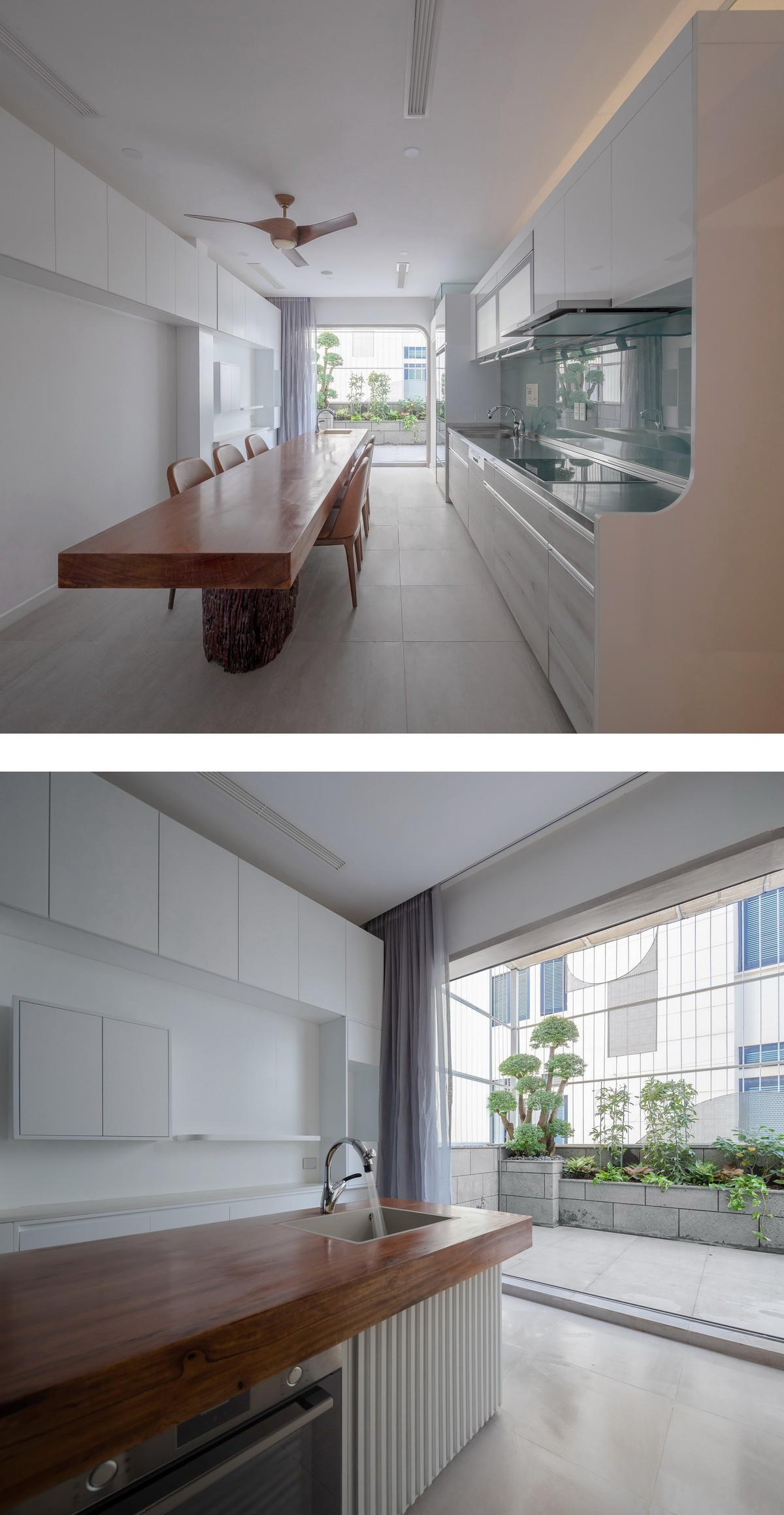 Bếp và phòng ăn nhìn ra khu vườn ở ban công.