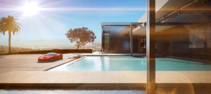 Trong nhà còn có 5 hồ bơi, thác nước và hào bao quanh toàn bộ khu đất, tạo cảm giác như nó đang nổi trên mặt nước.