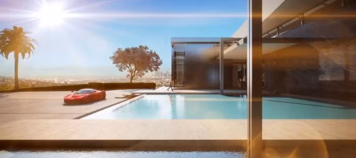 Trong nhà còn có 5 hồ bơi, thác nước và hào bao quanh toàn bộ khu đất, tạo cảm giác như nó đang nổi trên mặt nước.