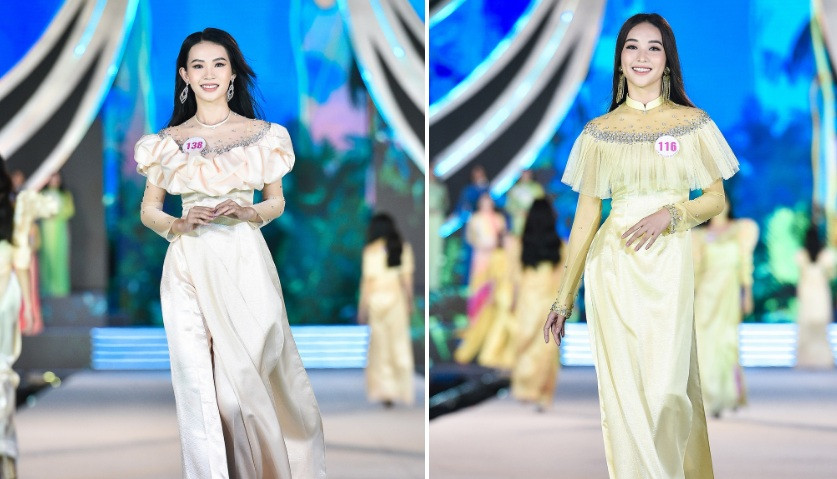 Những mẫu áo dài thiết kế nhiều chi tiết, kết hợp nhún bèo và đính hạt khiến thí sinh bị già hơn so với tuổi. Trong ảnh, Đậu Hải Minh Anh (SBD 138) có chiều cao 1,7 m và số đo ba vòng 81-61-91. Cũng cao 1,7 m như Đậu Hải Minh Anh nhưng vóc dáng Nguyễn Lê Phương Thảo (SBD 116) thiếu cân đối. Số đo ba vòng của cô là 77-60-90.