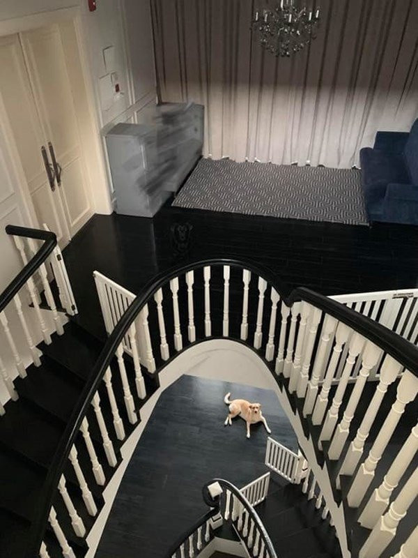 Cầu thang xoắn ốc lắp thêm cửa chặn để trẻ em không bước lên cầu thang.