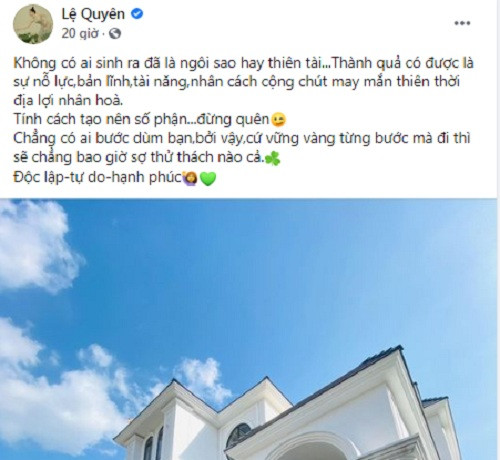 Mới đây, trên trang cá nhân, ca sĩ Lệ Quyên chia sẻ hình ảnh "thả dáng" trước căn biệt thự được cho là mới tậu.