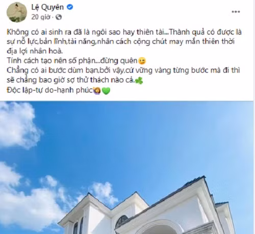 Mới đây, trên trang cá nhân, ca sĩ Lệ Quyên chia sẻ hình ảnh "thả dáng" trước căn biệt thự được cho là mới tậu.